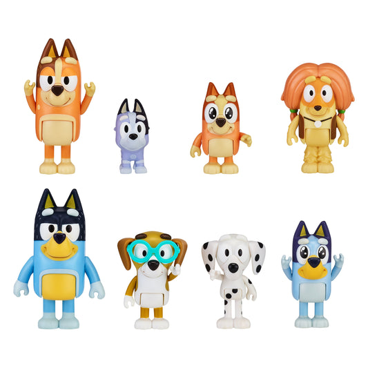 Bluey's Family and Friends - 8 Pack - 2.5-3" Bluey, Bingo, Chilli (Mum) and Dad (Bandit), Honey, Socks, Chloe and Indy Figures