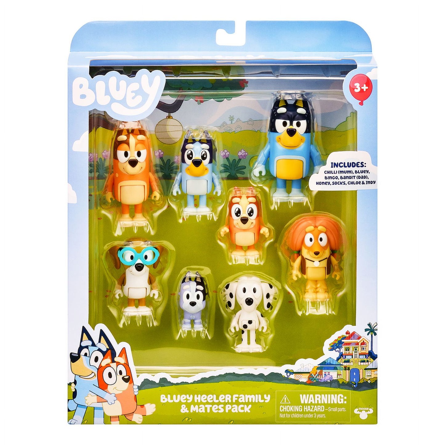 Bluey's Family and Friends - 8 Pack - 2.5-3" Bluey, Bingo, Chilli (Mum) and Dad (Bandit), Honey, Socks, Chloe and Indy Figures