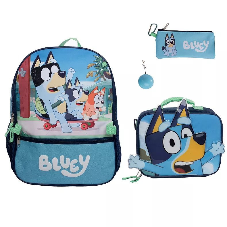 Bluey the Heeler Backpack, Lunch, Accessories Bag, Carabineer, Squish Ball - 5 pc Set